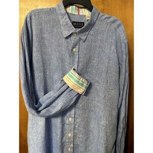 MINE Men’s 100% Linen Long Sleeve Button Up Blue Shirt London Milan New York